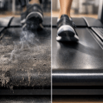 A split-screen image comparing a neglected treadmill belt to a well-maintained one. The left side shows a "dry" belt that is shredded, covered in debris, and emitting smoke from high friction. The right side shows a "lubricated" belt that is smooth, clean, and in perfect working condition with a runner mid-stride.