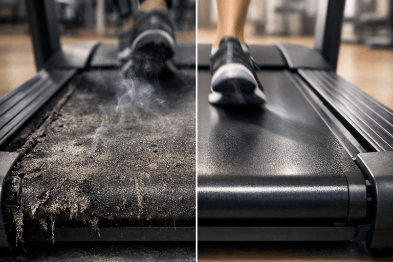 A split-screen image comparing a neglected treadmill belt to a well-maintained one. The left side shows a "dry" belt that is shredded, covered in debris, and emitting smoke from high friction. The right side shows a "lubricated" belt that is smooth, clean, and in perfect working condition with a runner mid-stride.