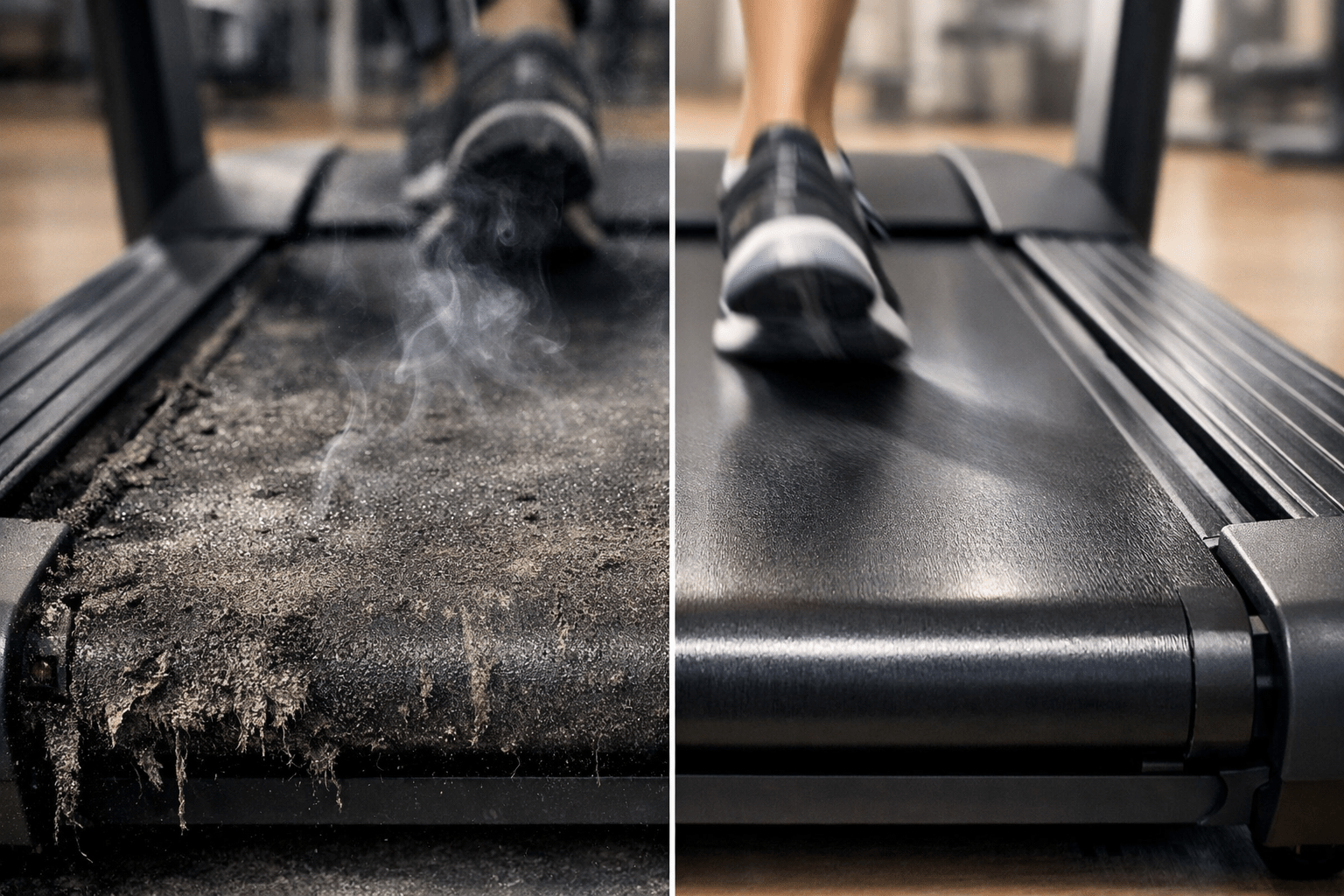 A split-screen image comparing a neglected treadmill belt to a well-maintained one. The left side shows a "dry" belt that is shredded, covered in debris, and emitting smoke from high friction. The right side shows a "lubricated" belt that is smooth, clean, and in perfect working condition with a runner mid-stride.