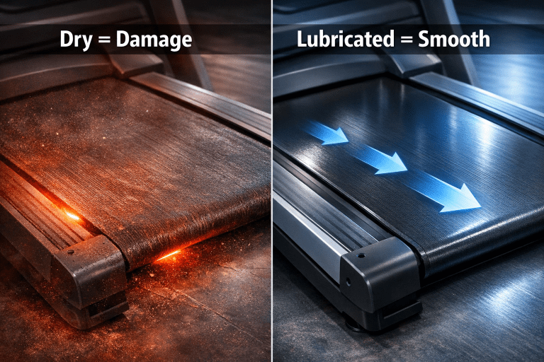 Product shot of the Lube-N-Walk Treadmill Lubrication Kit on a white background. The kit includes a long, slender black and white applicator wand, a small white bottle of silicone lubricant, a white instruction guide, and a blue and lime green retail box. The packaging lists benefits such as "No Messy Hands," "Reduces Costly Repairs," and "Prolongs Motor Life."