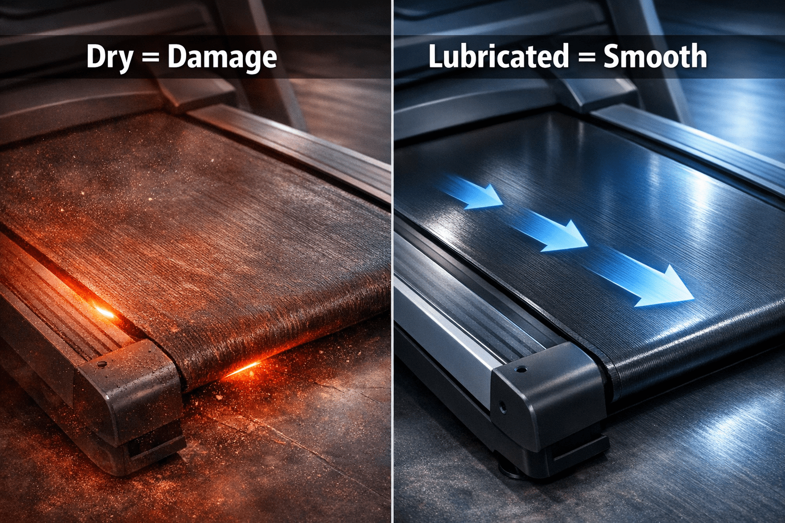 Product shot of the Lube-N-Walk Treadmill Lubrication Kit on a white background. The kit includes a long, slender black and white applicator wand, a small white bottle of silicone lubricant, a white instruction guide, and a blue and lime green retail box. The packaging lists benefits such as "No Messy Hands," "Reduces Costly Repairs," and "Prolongs Motor Life."