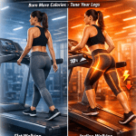 An infographic titled "Incline Treadmill = Faster Thigh Fat Loss?" comparing two workout styles: ​Flat Walking: Depicted in blue with a woman walking on a level treadmill, labeled as "Slower Fat Loss". ​Incline Walking: Depicted in orange with the same woman walking at a 10% incline, labeled as "Faster Results" with glowing highlights on the glutes and hamstrings to show muscle activation.