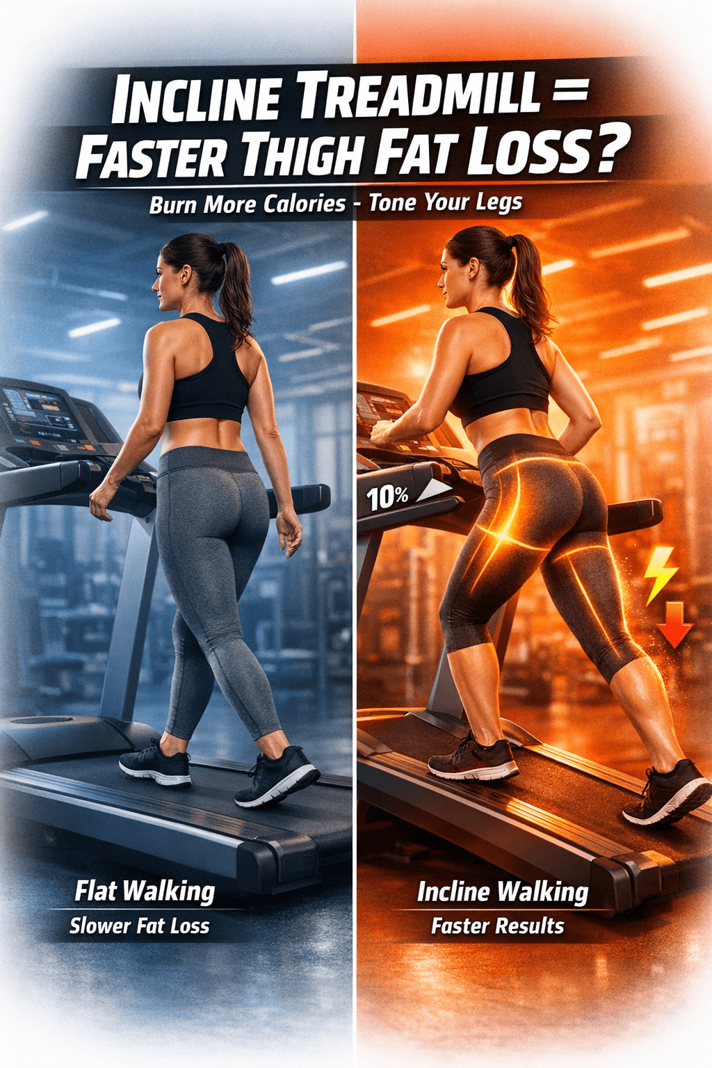 An infographic titled "Incline Treadmill = Faster Thigh Fat Loss?" comparing two workout styles: Flat Walking: Depicted in blue with a woman walking on a level treadmill, labeled as "Slower Fat Loss". Incline Walking: Depicted in orange with the same woman walking at a 10% incline, labeled as "Faster Results" with glowing highlights on the glutes and hamstrings to show muscle activation.