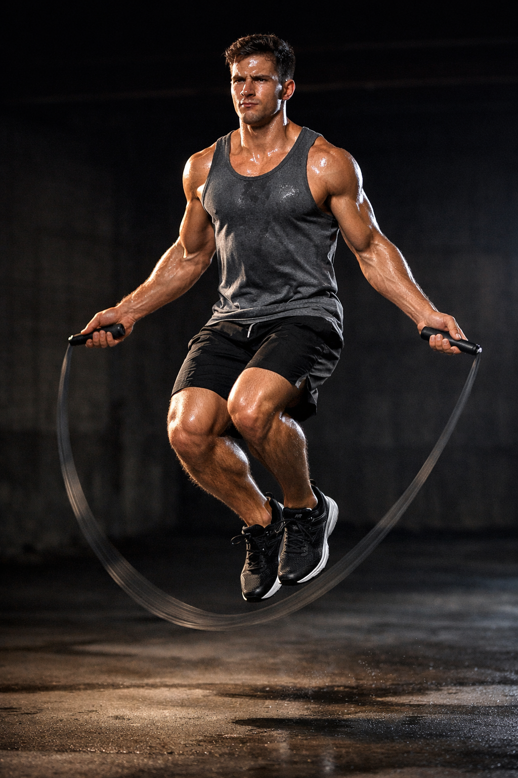 A muscular man jumping rope in a dimly lit, gritty gym setting. He is mid-air with his knees slightly bent, wearing a sweat-drenched gray tank top, black shorts and black athletic shoes. The jump rope is visible as a blurred arc beneath his feet, emphasizing rapid motion, against a dark, industrial background.