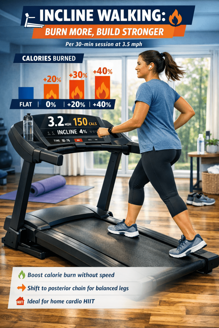 An infographic titled "Why Incline Treadmills Work Better Than Flat Walking" that compares the benefits of incline versus flat surfaces. It features a split-screen visual of a woman walking on a flat treadmill labeled "Steady Burn" and a man walking on a steep incline labeled "Max Fat Shred". The graphic highlights that incline walking provides 2x Glute engagement, 1.5x Quad activation, and accelerated fat loss.