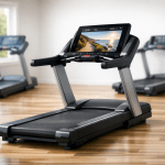 A premium motorized treadmill with a large integrated HD touchscreen display showing a scenic coastal running path, positioned in a bright, modern home gym with two other treadmills blurred in the background.
