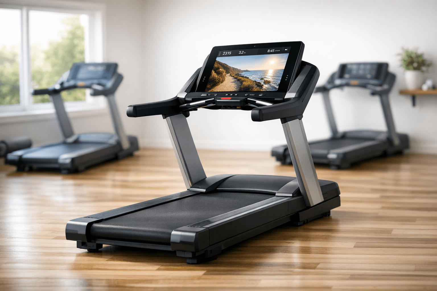 A premium motorized treadmill with a large integrated HD touchscreen display showing a scenic coastal running path, positioned in a bright, modern home gym with two other treadmills blurred in the background.