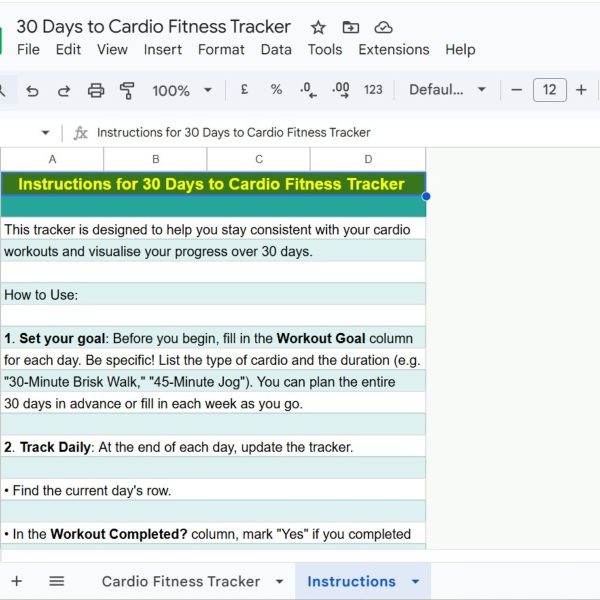 30-day cardio tracker spreadsheet