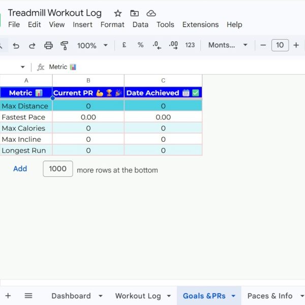 Treadmill Workout Log Google Sheets | Auto Pace & Speed
