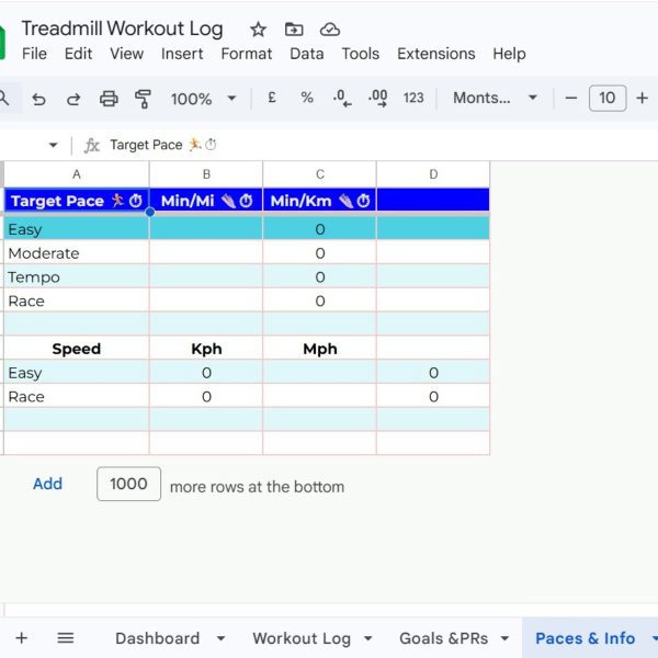 Treadmill Workout Log Google Sheets | Auto Pace & Speed