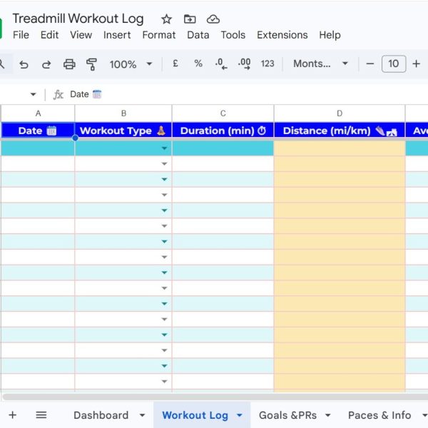 Treadmill Workout Log Google Sheets | Auto Pace & Speed